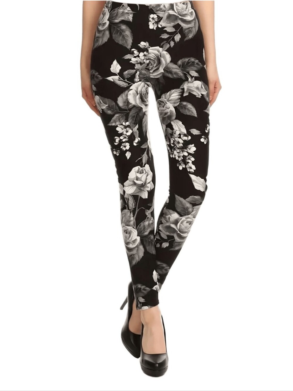 SHEIN Black Floral High-Waist Skinny Leggings